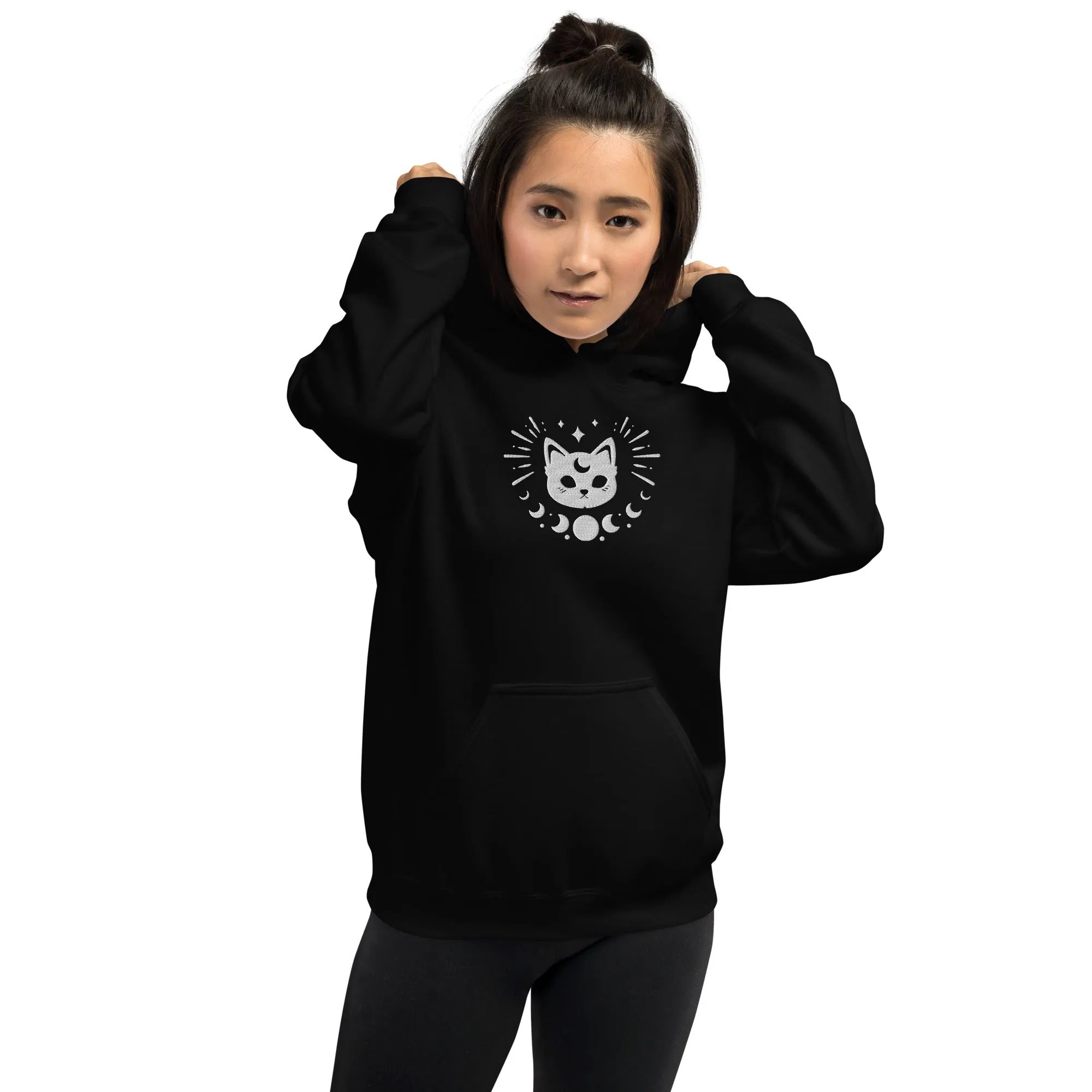 Celestial Moon Phases Cat Embroidered Unisex Hoodie