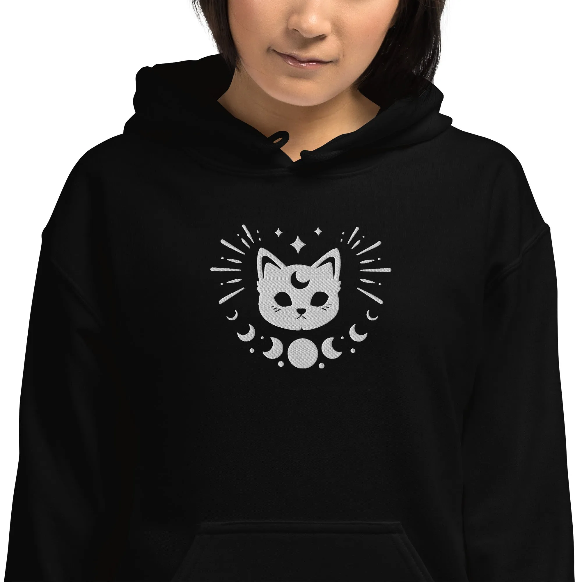 Celestial Moon Phases Cat Embroidered Unisex Hoodie