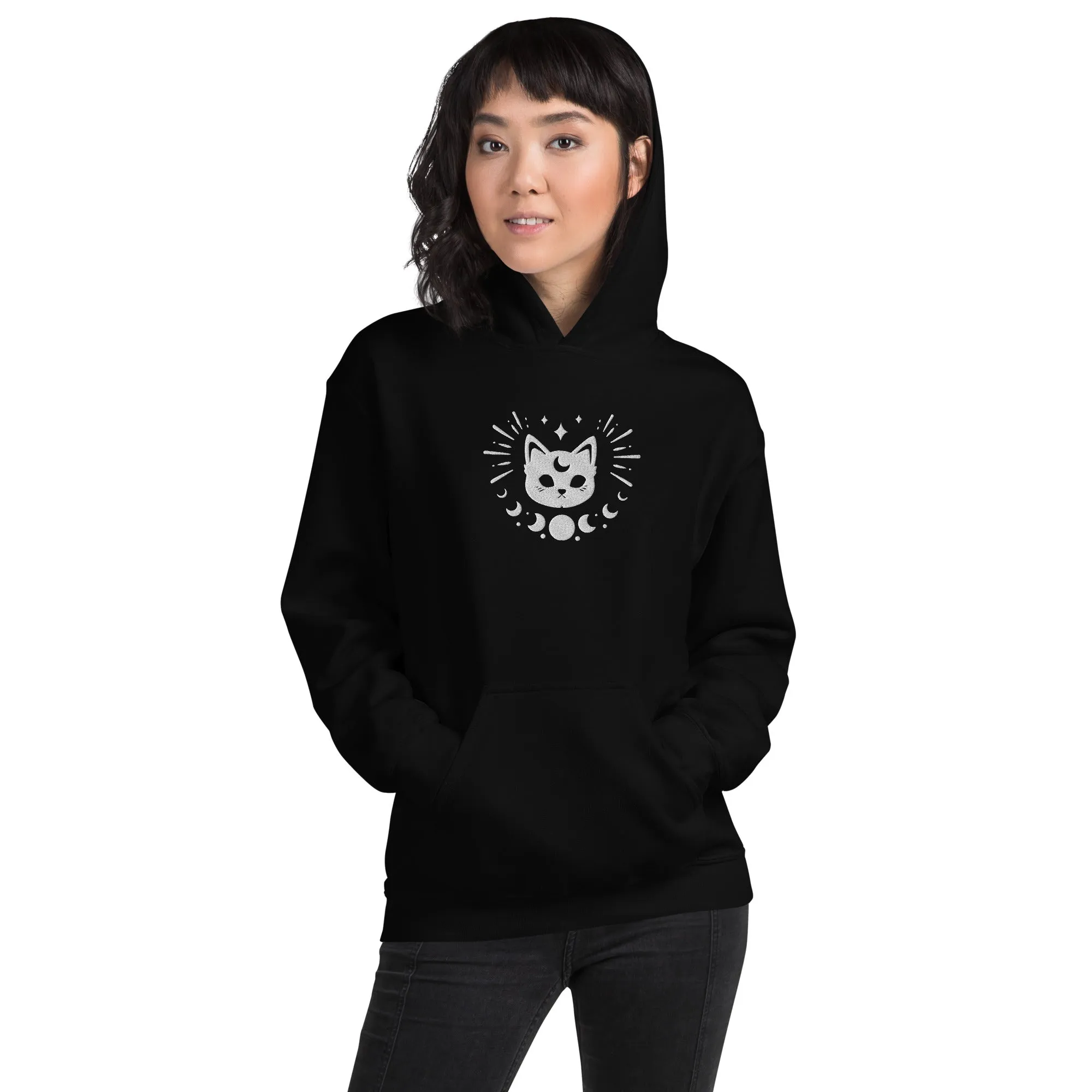 Celestial Moon Phases Cat Embroidered Unisex Hoodie