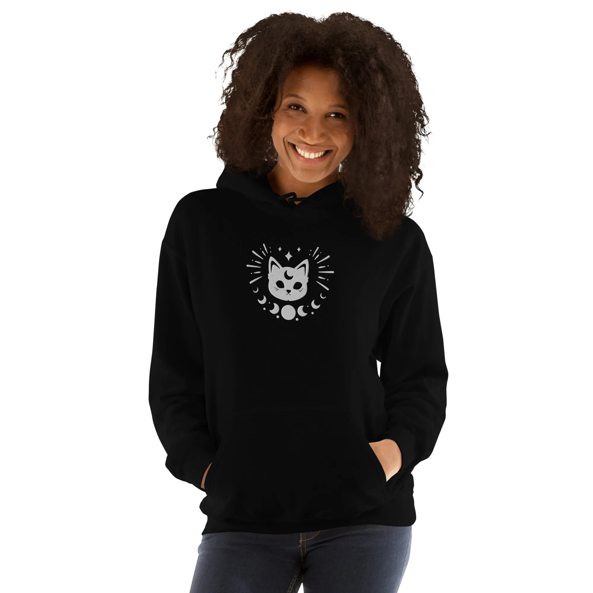 Celestial Moon Phases Cat Embroidered Unisex Hoodie
