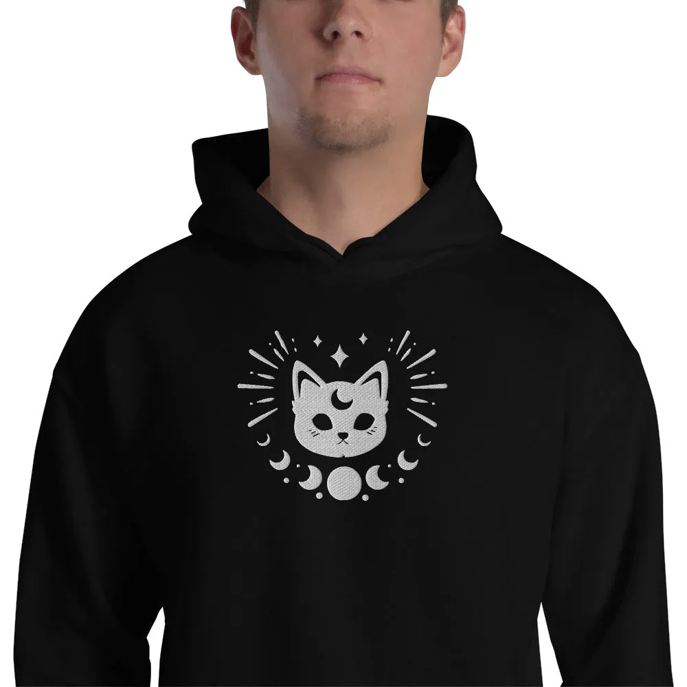 Celestial Moon Phases Cat Embroidered Unisex Hoodie