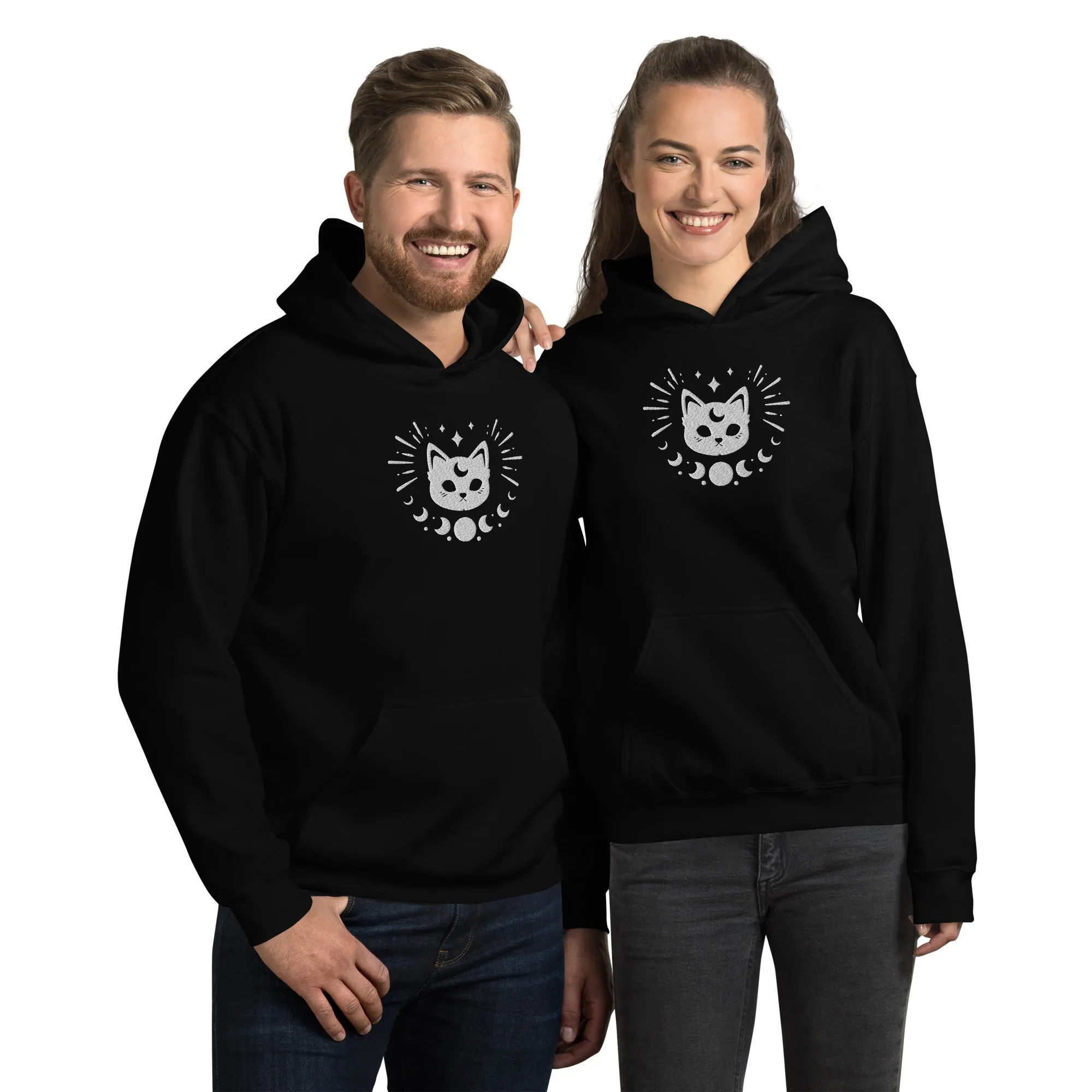 Celestial Moon Phases Cat Embroidered Unisex Hoodie
