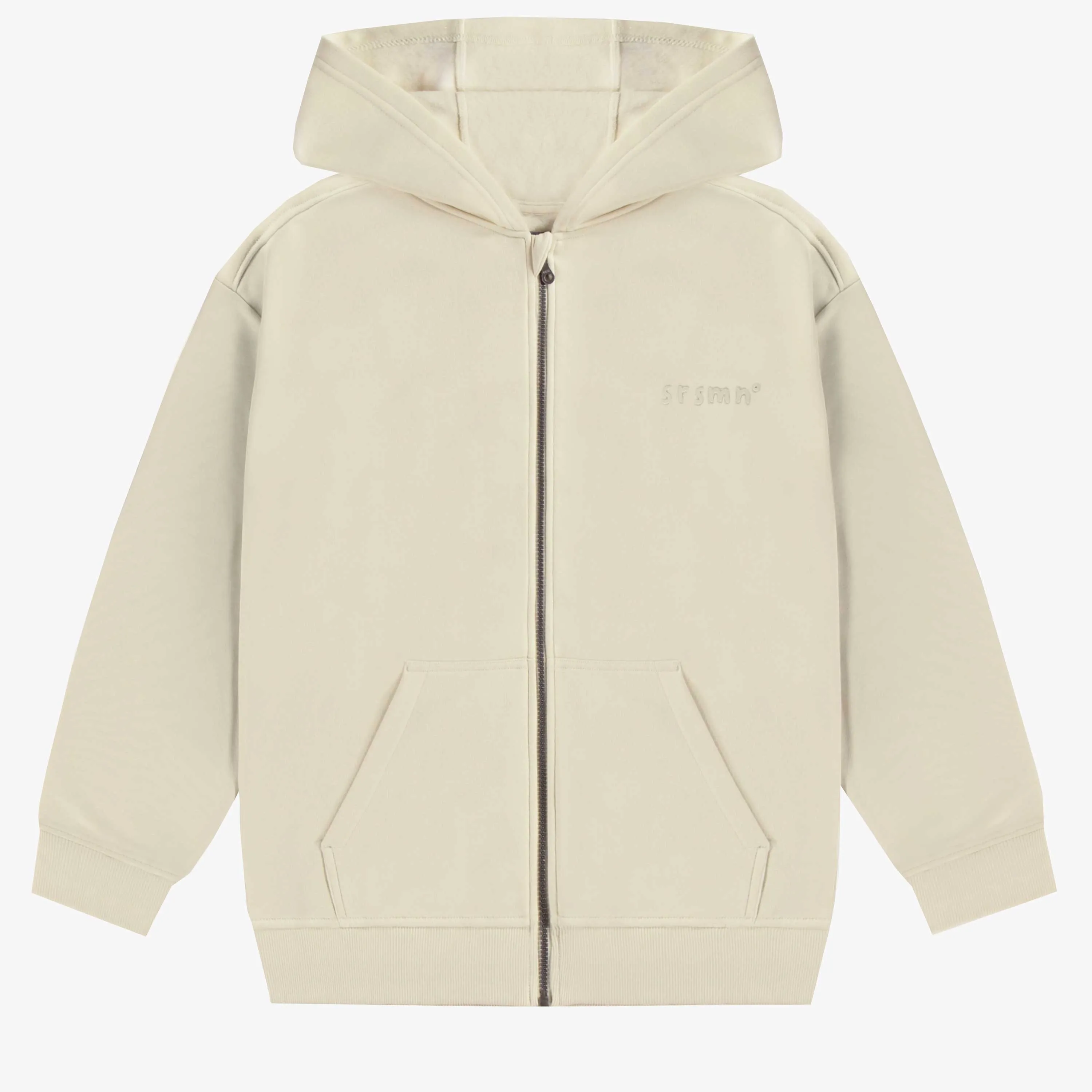 Chandail à capuchon et fermeture éclair crème en coton ouaté, adulte || Cream hoodie with a zipper in cotton, adult