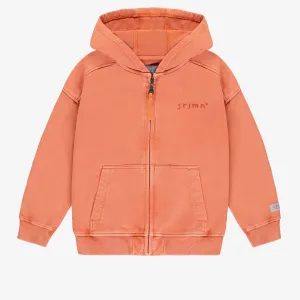 Chandail à capuchon et fermeture éclair orange en coton français, enfant || Orange hooded sweater with zipper in French terry, child