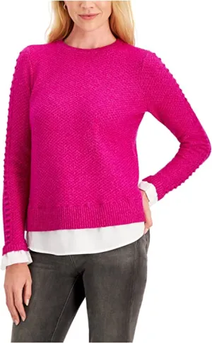 Charter Club Womens Purple Pleated Layered-Look Long Sleeve Crew Neck Sweater M