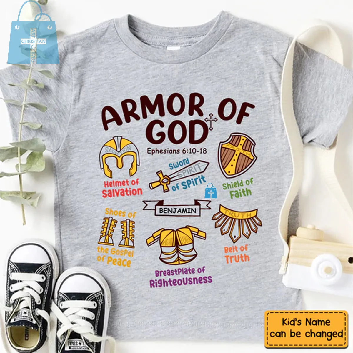 Christianartbag T-shirt, Armor Of God Letter Print T-Shirt, Children's Printed T-Shirts, CABTK01200923.