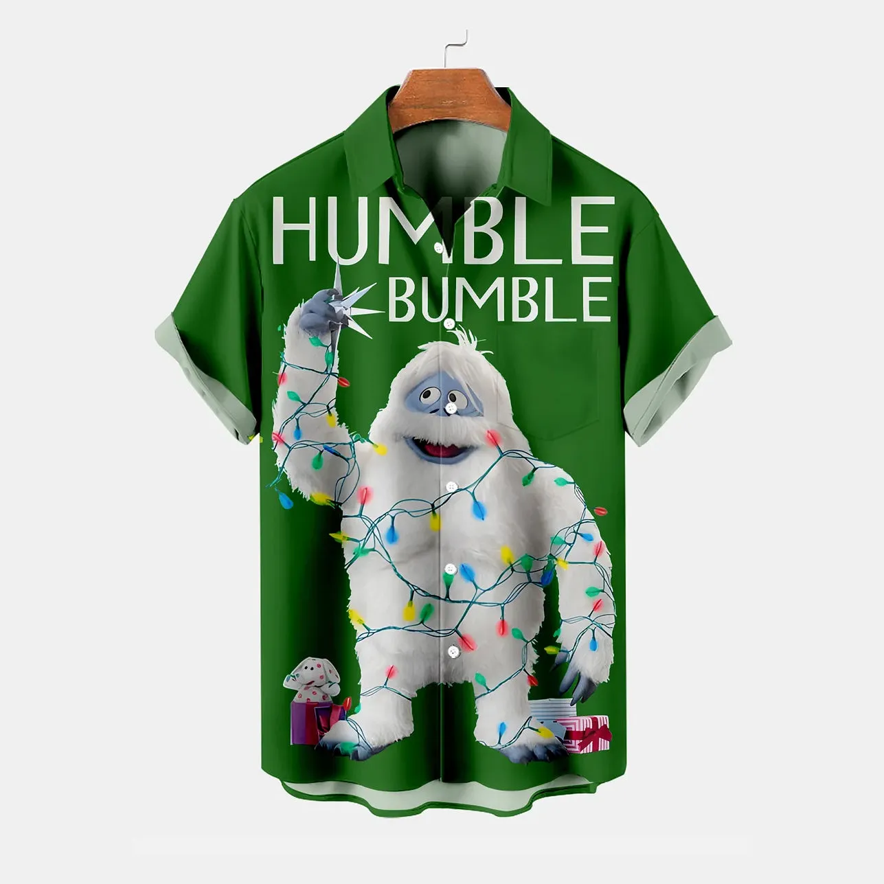 Christmas Snowman Lantern Print Chest Pocket Short Sleeve Shirt 2411011038