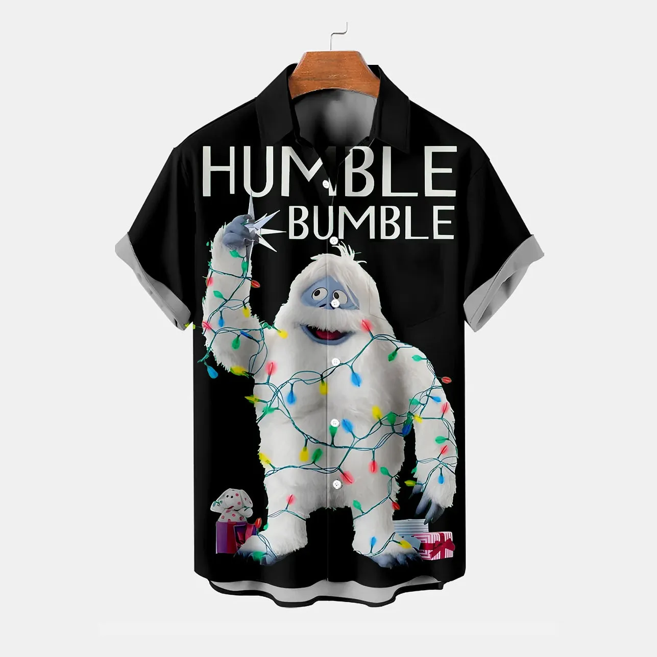 Christmas Snowman Lantern Print Chest Pocket Short Sleeve Shirt 2411011038