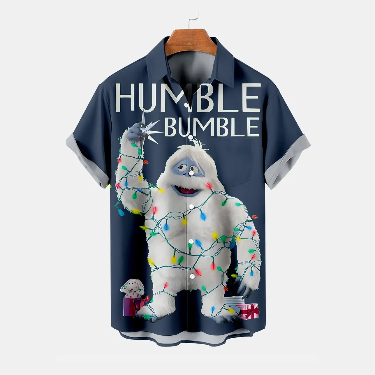 Christmas Snowman Lantern Print Chest Pocket Short Sleeve Shirt 2411011038