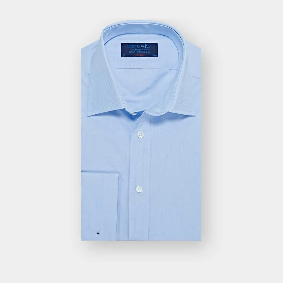 Classic Fit Plain Sky Blue End-on-End Cotton Shirt with Classic Collar & Double Cuff