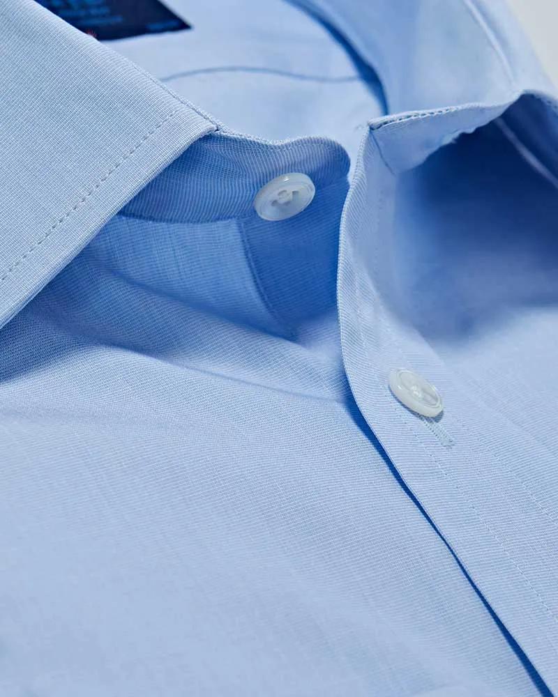 Classic Fit Plain Sky Blue End-on-End Cotton Shirt with Classic Collar & Double Cuff