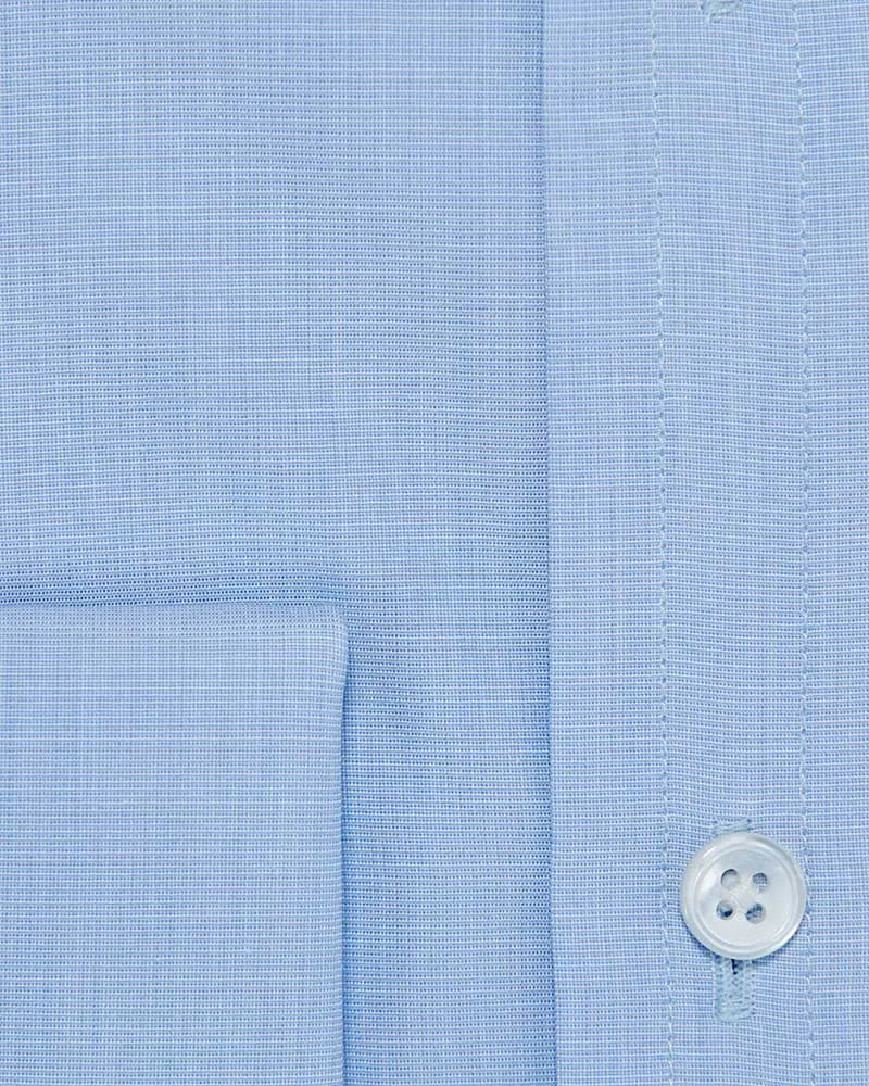 Classic Fit Plain Sky Blue End-on-End Cotton Shirt with Classic Collar & Double Cuff