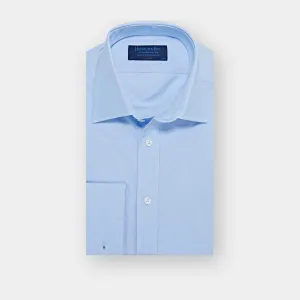 Classic Fit Plain Sky Blue End-on-End Cotton Shirt with Classic Collar & Double Cuff