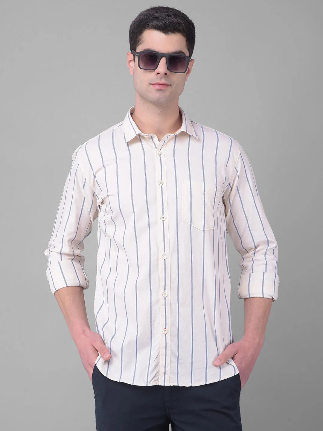 COBB BEIGE STRIPED SLIM FIT CASUAL SHIRT