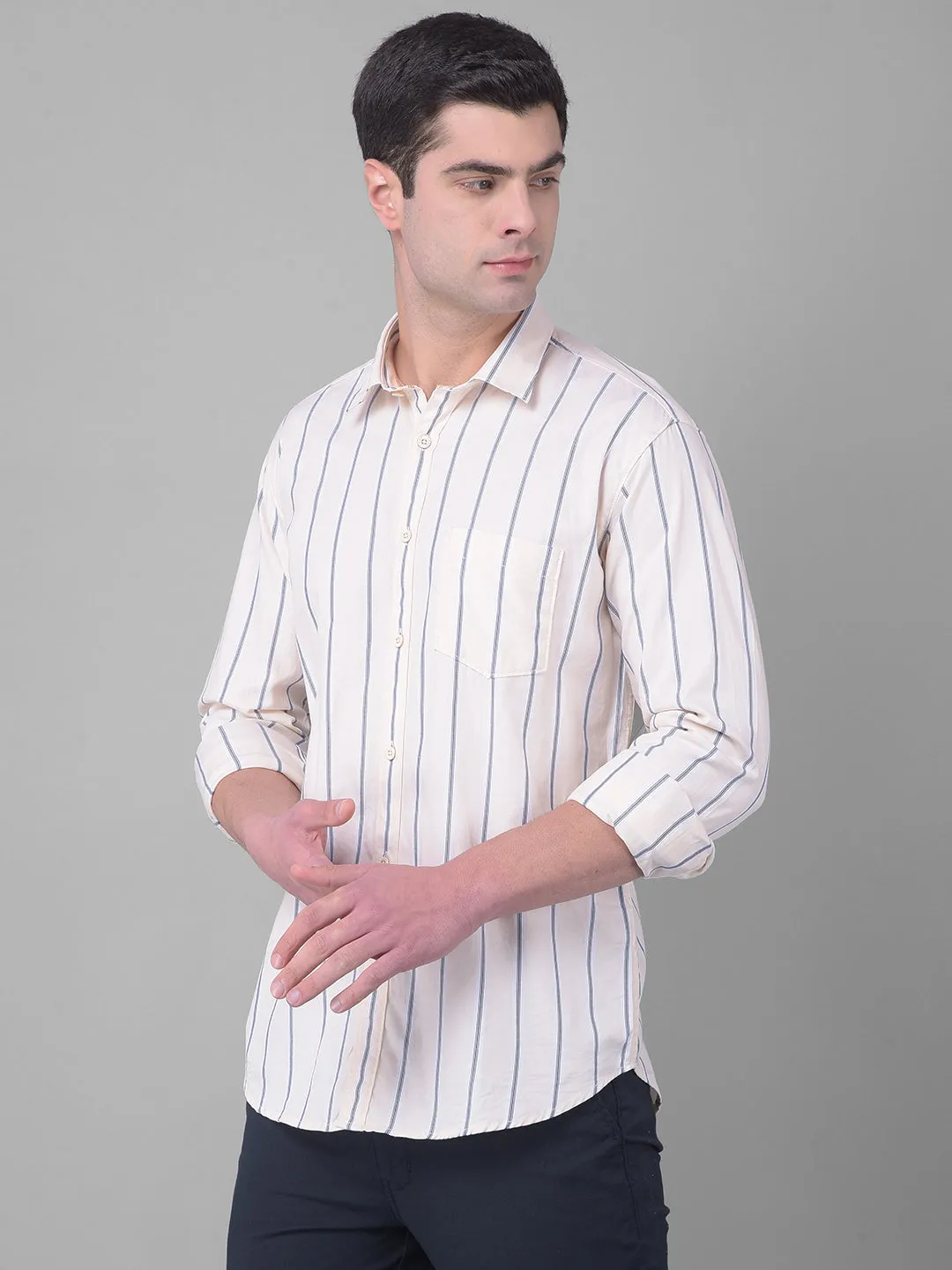 COBB BEIGE STRIPED SLIM FIT CASUAL SHIRT