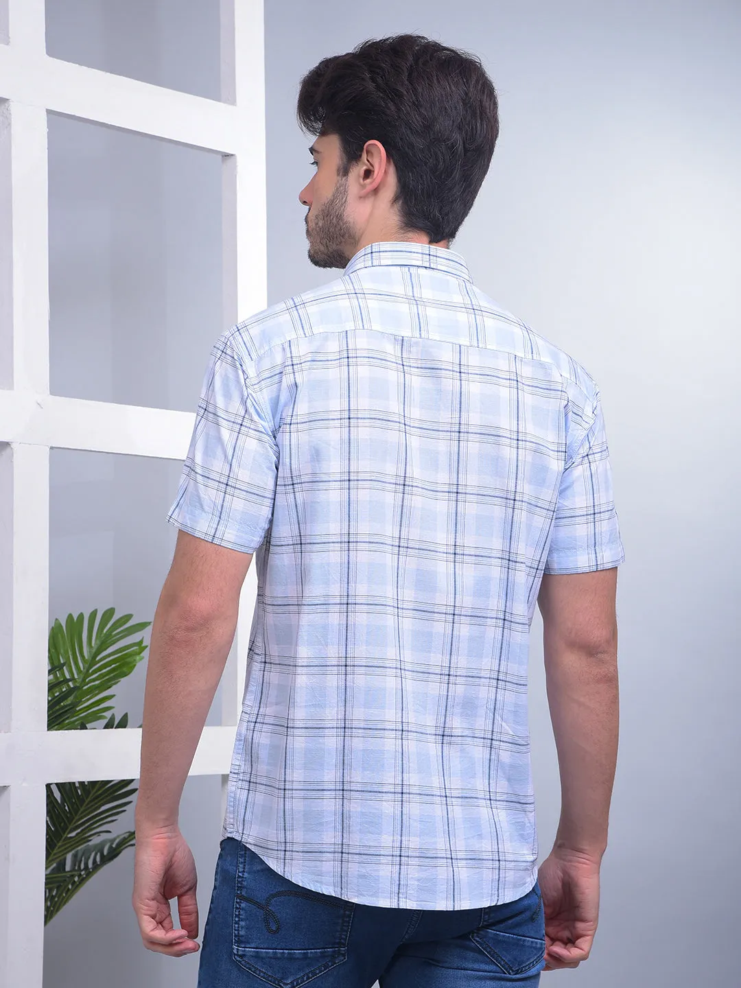 COBB SKY BLUE CHECKED HALF-SLEEVE CASUAL SHIRT