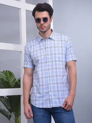 COBB SKY BLUE CHECKED HALF-SLEEVE CASUAL SHIRT