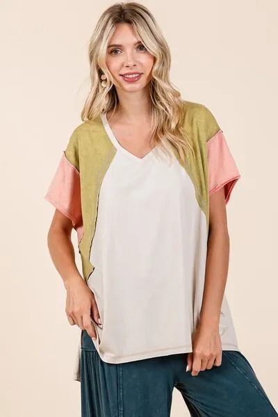 Color Block V-Neck Short Sleeve T-Shirt
