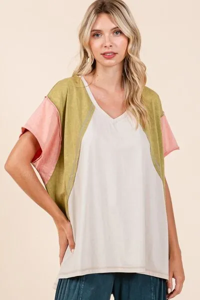 Color Block V-Neck Short Sleeve T-Shirt
