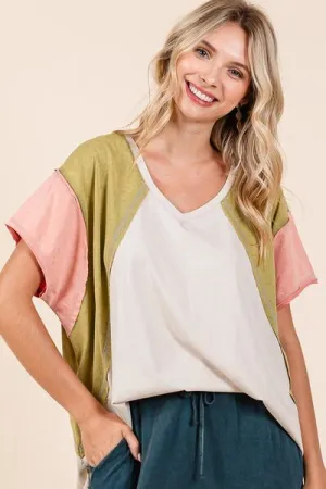 Color Block V-Neck Short Sleeve T-Shirt