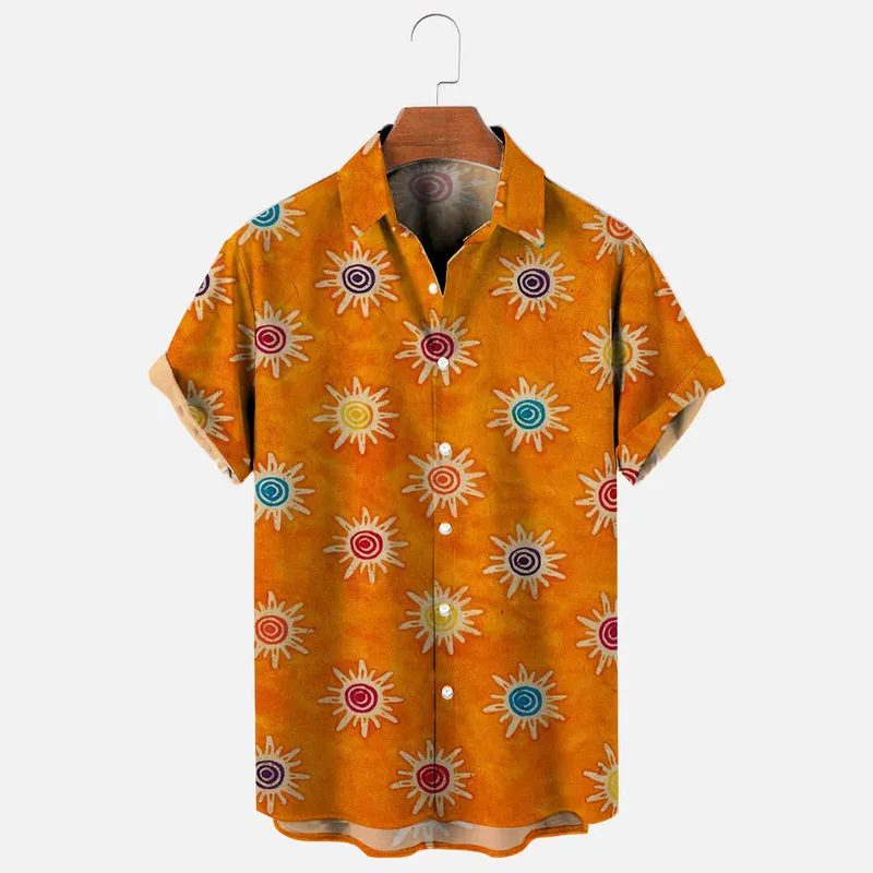 Colorful Sun Symbol Print Retro Short Sleeve Shirt