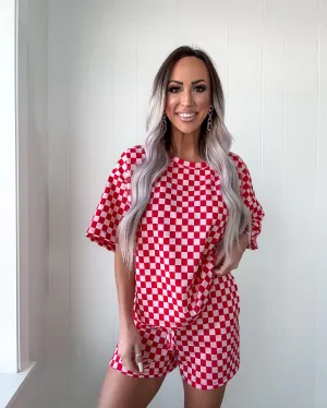 Crimson Affair Checkered Shorts Set - Red
