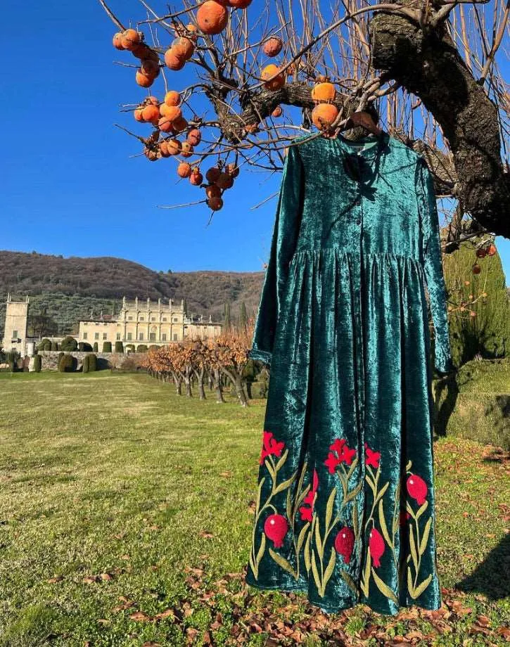 Crushed Velvet Hand Embroidered Dress/Jacket - Green