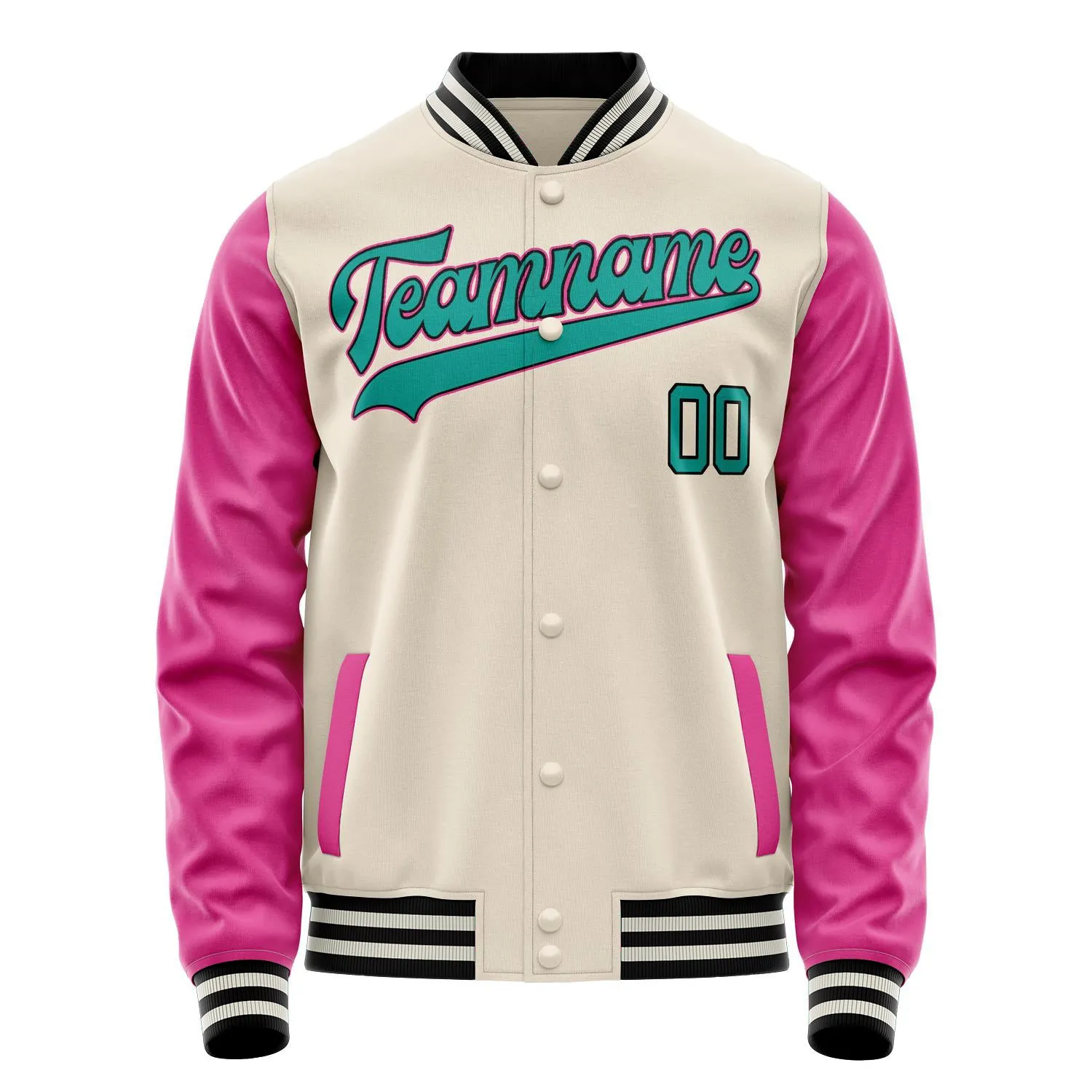 Custom Cream Pink Solid Color Varsity Letterman Jacket