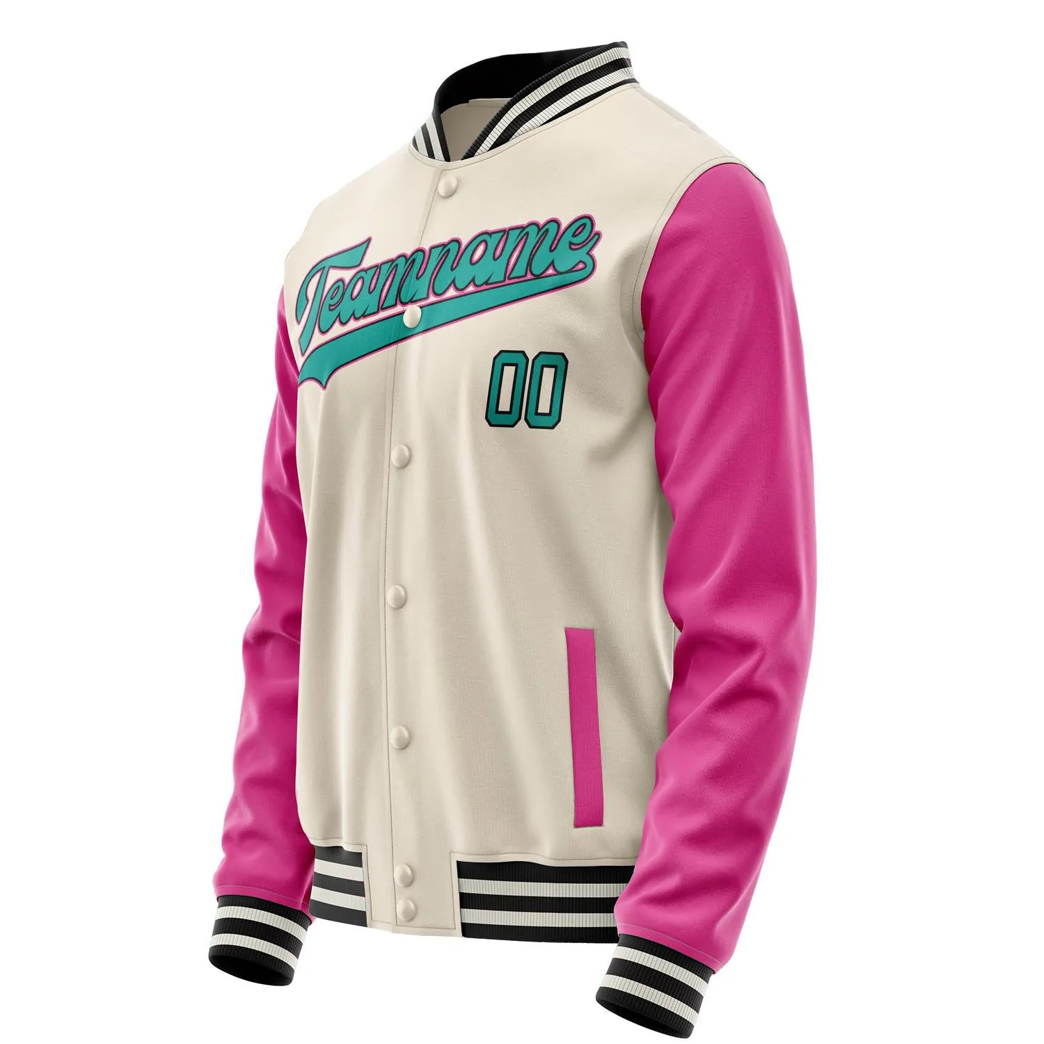 Custom Cream Pink Solid Color Varsity Letterman Jacket