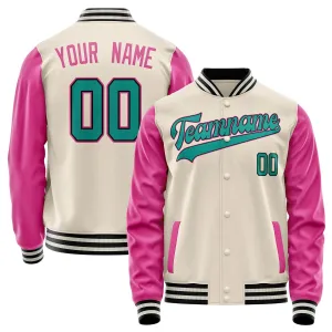 Custom Cream Pink Solid Color Varsity Letterman Jacket