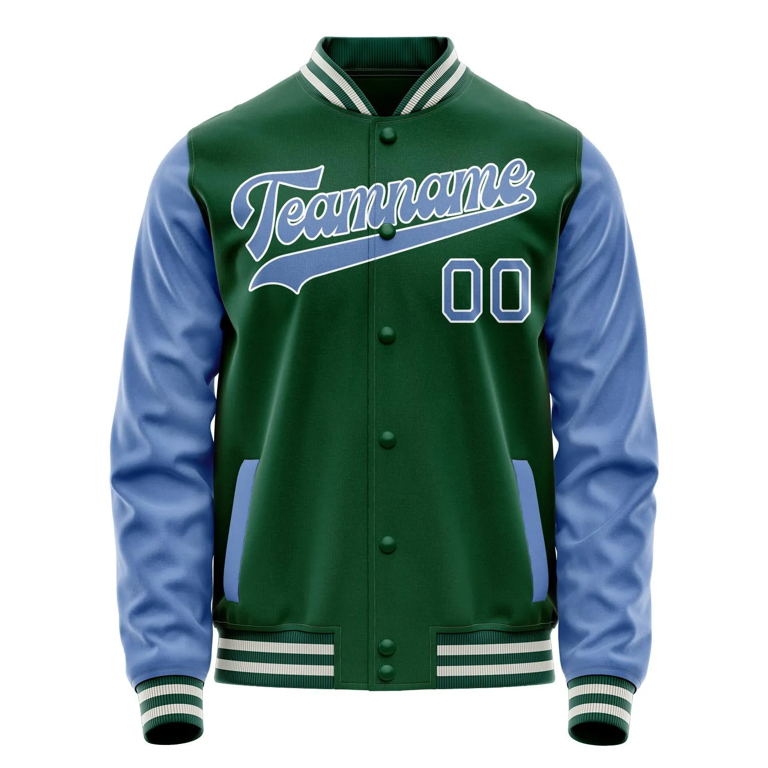 Custom Kelly-Green Light-Blue Solid Color Varsity Letterman Jacket