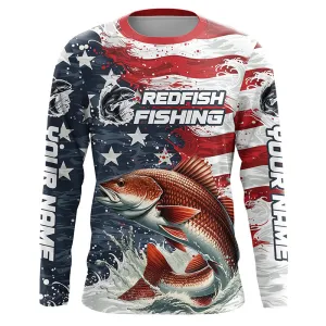 Custom Redfish Fishing American Flag Long Sleeve Fishing Shirts, Patriotic Redfish Fishing Shirts IPHW6824