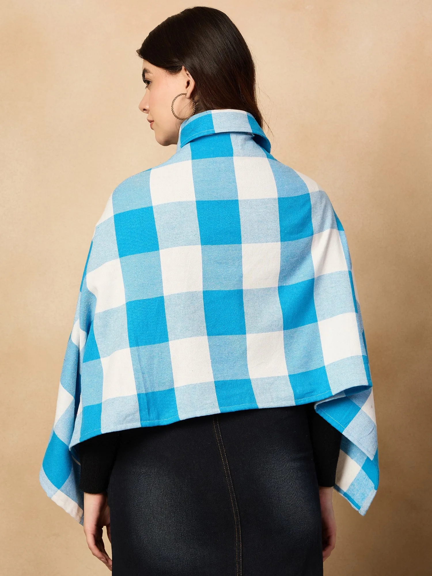 Cyan Blue White Check Collar Poncho