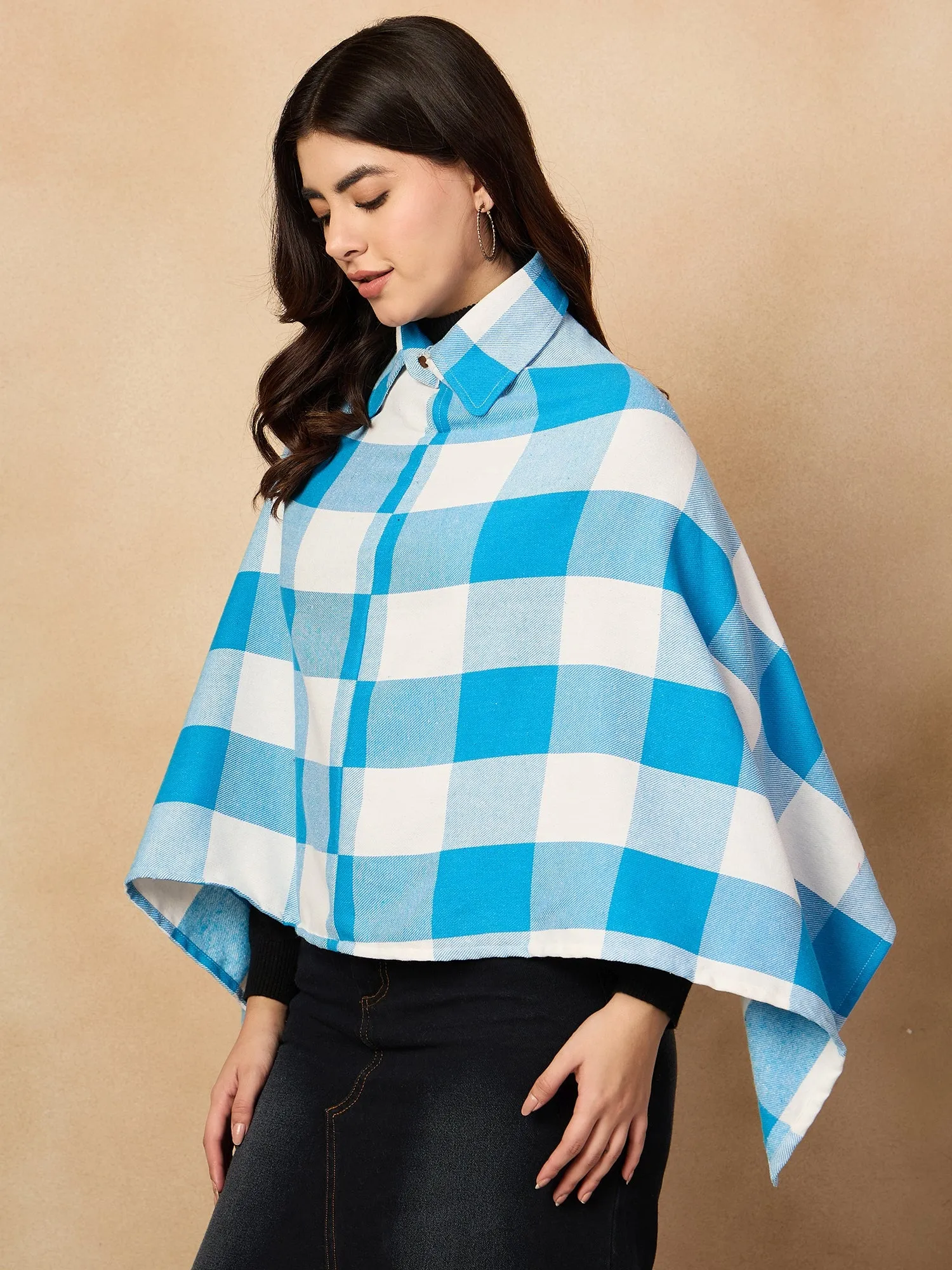 Cyan Blue White Check Collar Poncho
