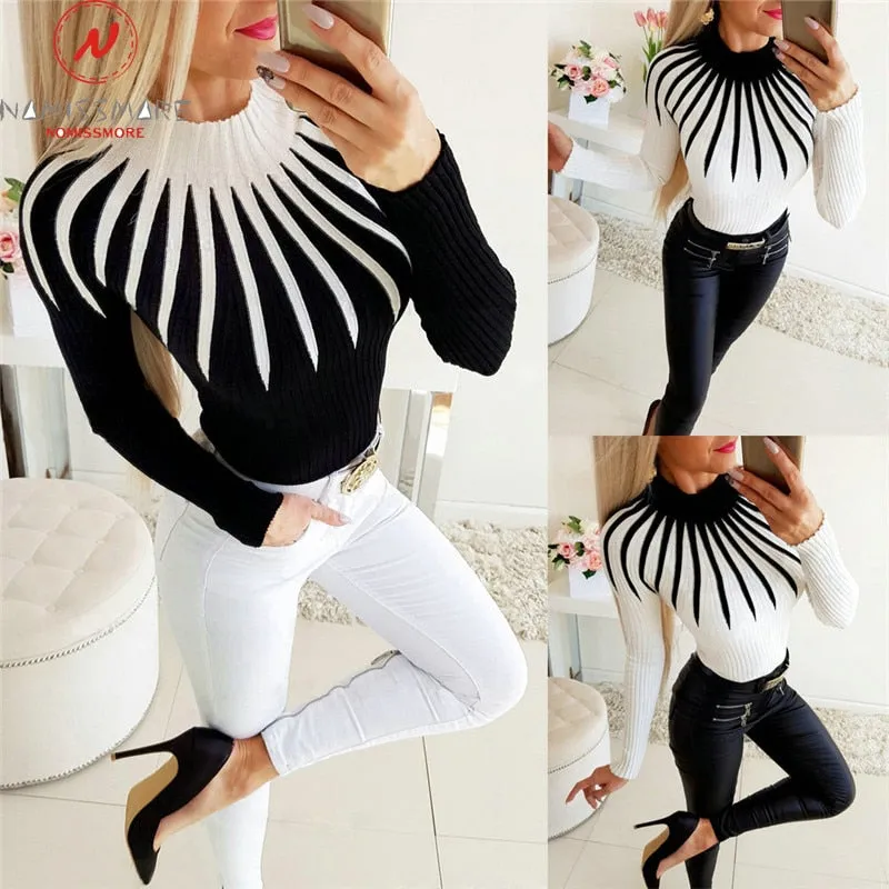 Elegant Women Sweaters Color Matching Patchwork Design High Collar Long Sleeve - Slim Pullovers