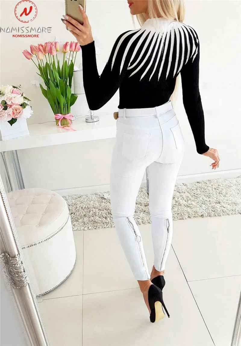 Elegant Women Sweaters Color Matching Patchwork Design High Collar Long Sleeve - Slim Pullovers