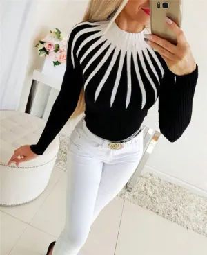 Elegant Women Sweaters Color Matching Patchwork Design High Collar Long Sleeve - Slim Pullovers