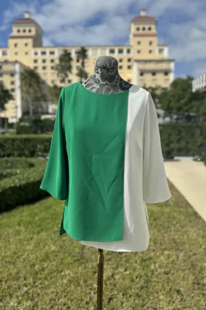 Emmelle Layered Front Luxurious Crepe Tunic in Green and Pearl