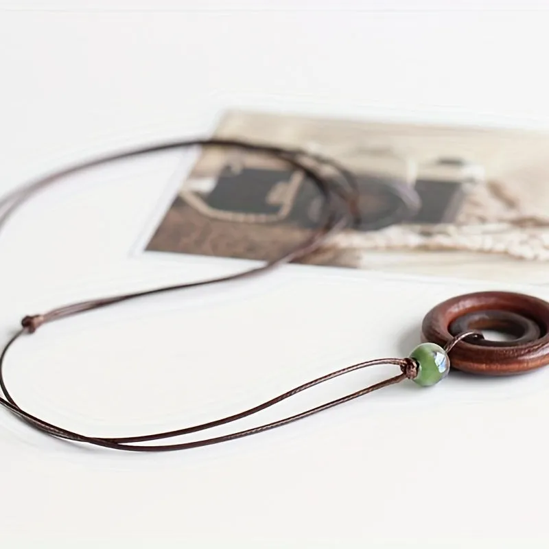 Ethnic Style Wooden Circular Knitting Long Women's Sweater Chain Necklace