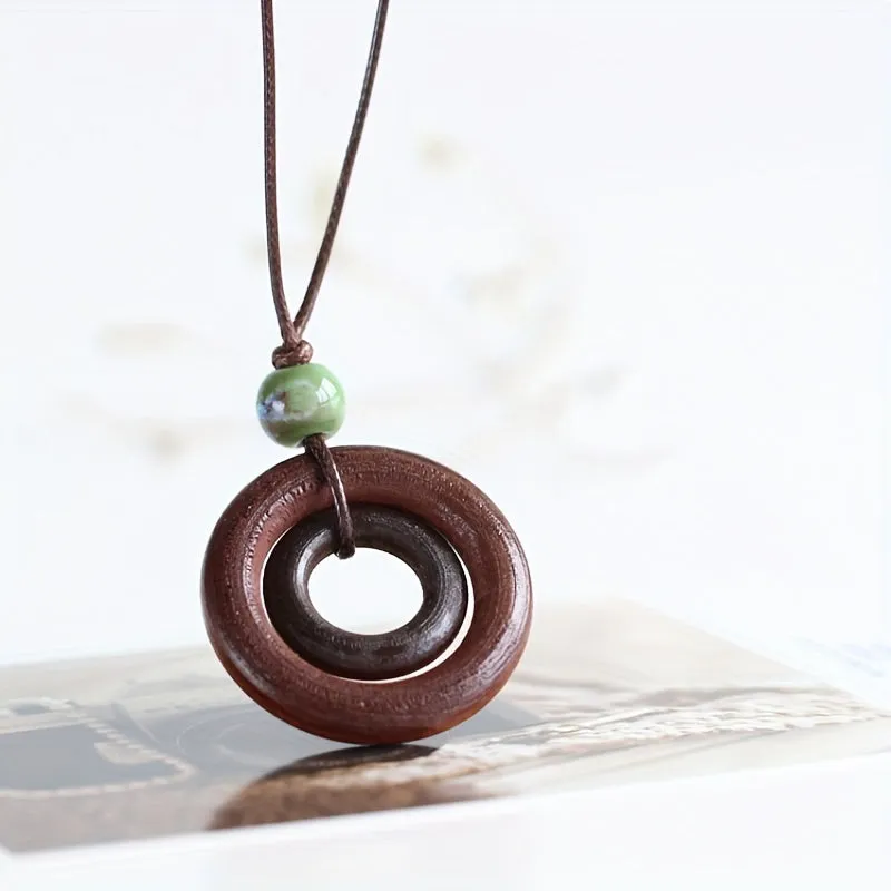 Ethnic Style Wooden Circular Knitting Long Women's Sweater Chain Necklace