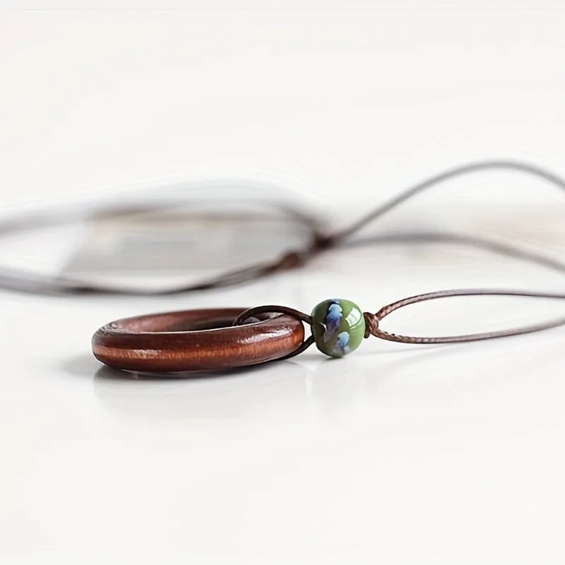 Ethnic Style Wooden Circular Knitting Long Women's Sweater Chain Necklace