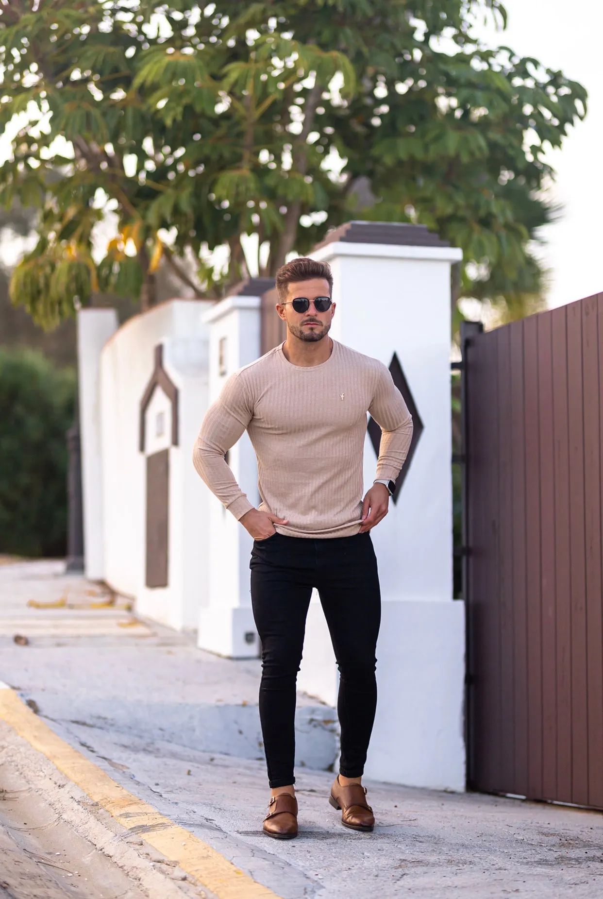 Father Sons Classic Beige Ribbed Knit Jumper With Gold Emblem - FSH535