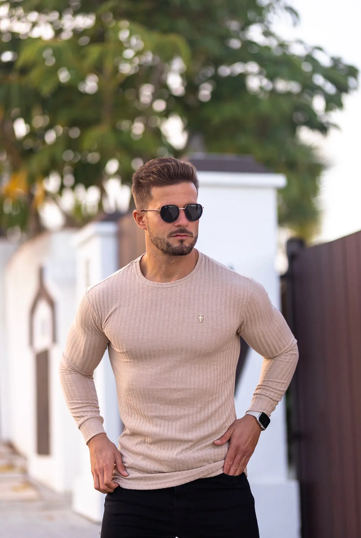 Father Sons Classic Beige Ribbed Knit Jumper With Gold Emblem - FSH535