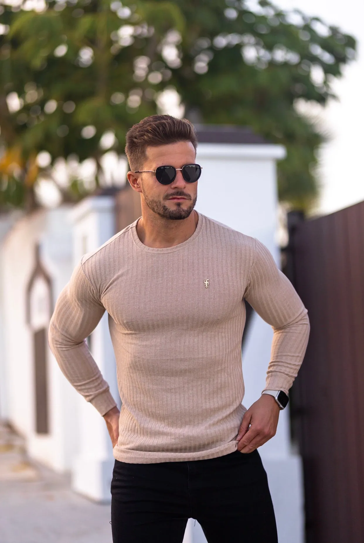 Father Sons Classic Beige Ribbed Knit Jumper With Gold Emblem - FSH535