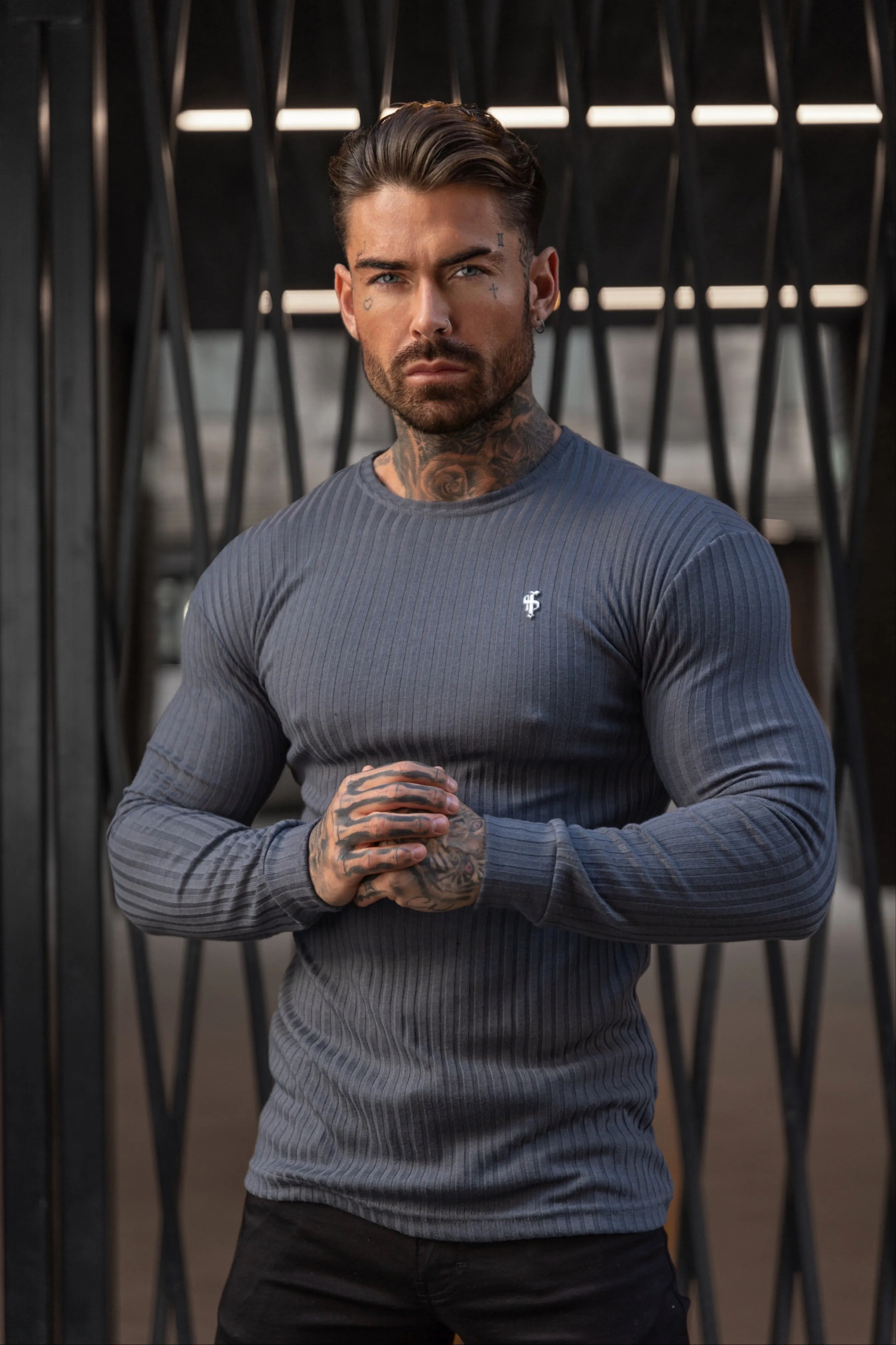 Father Sons Classic Charcoal Ribbed Knit Jumper With Silver Metal Emblem - FSH947
