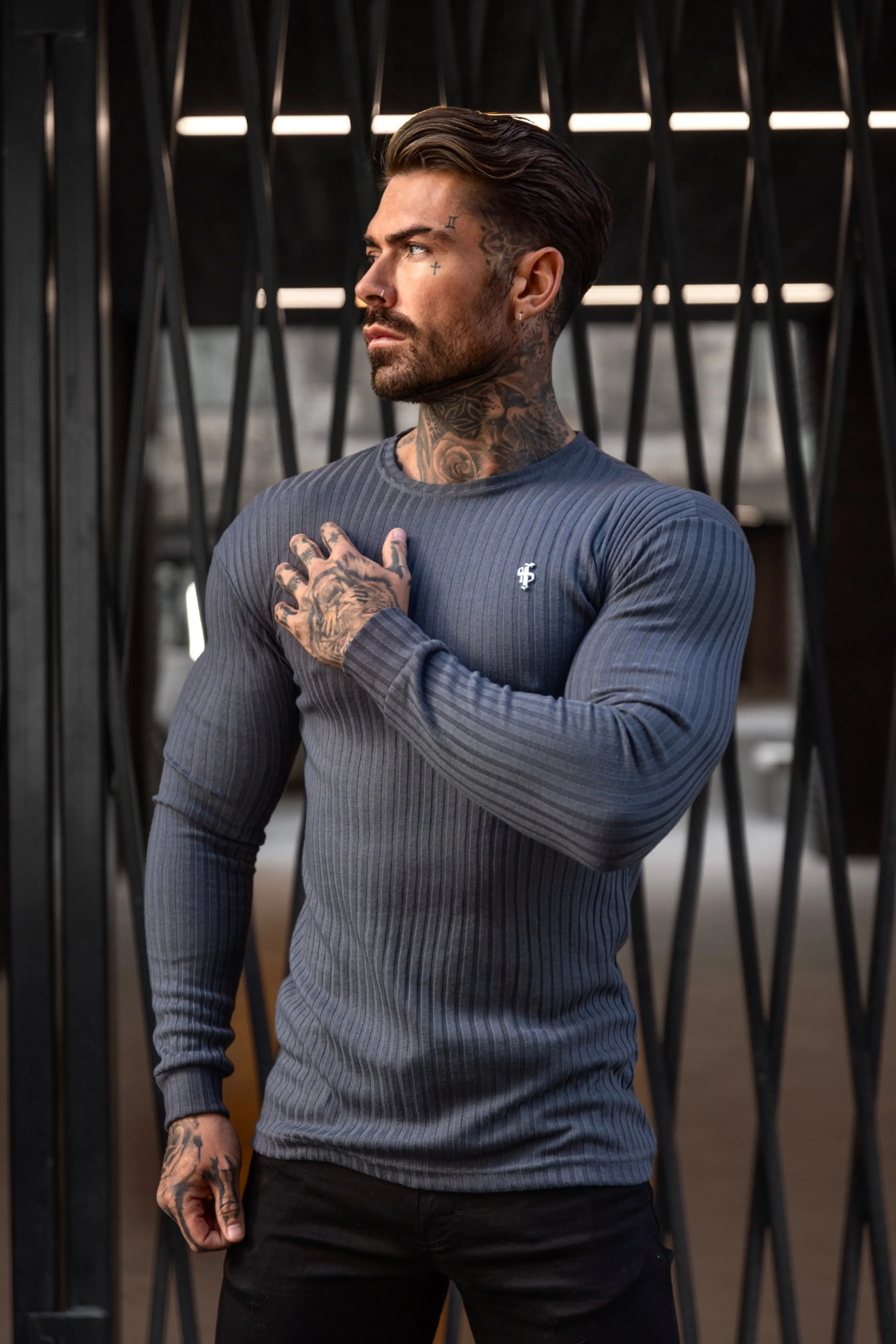 Father Sons Classic Charcoal Ribbed Knit Jumper With Silver Metal Emblem - FSH947