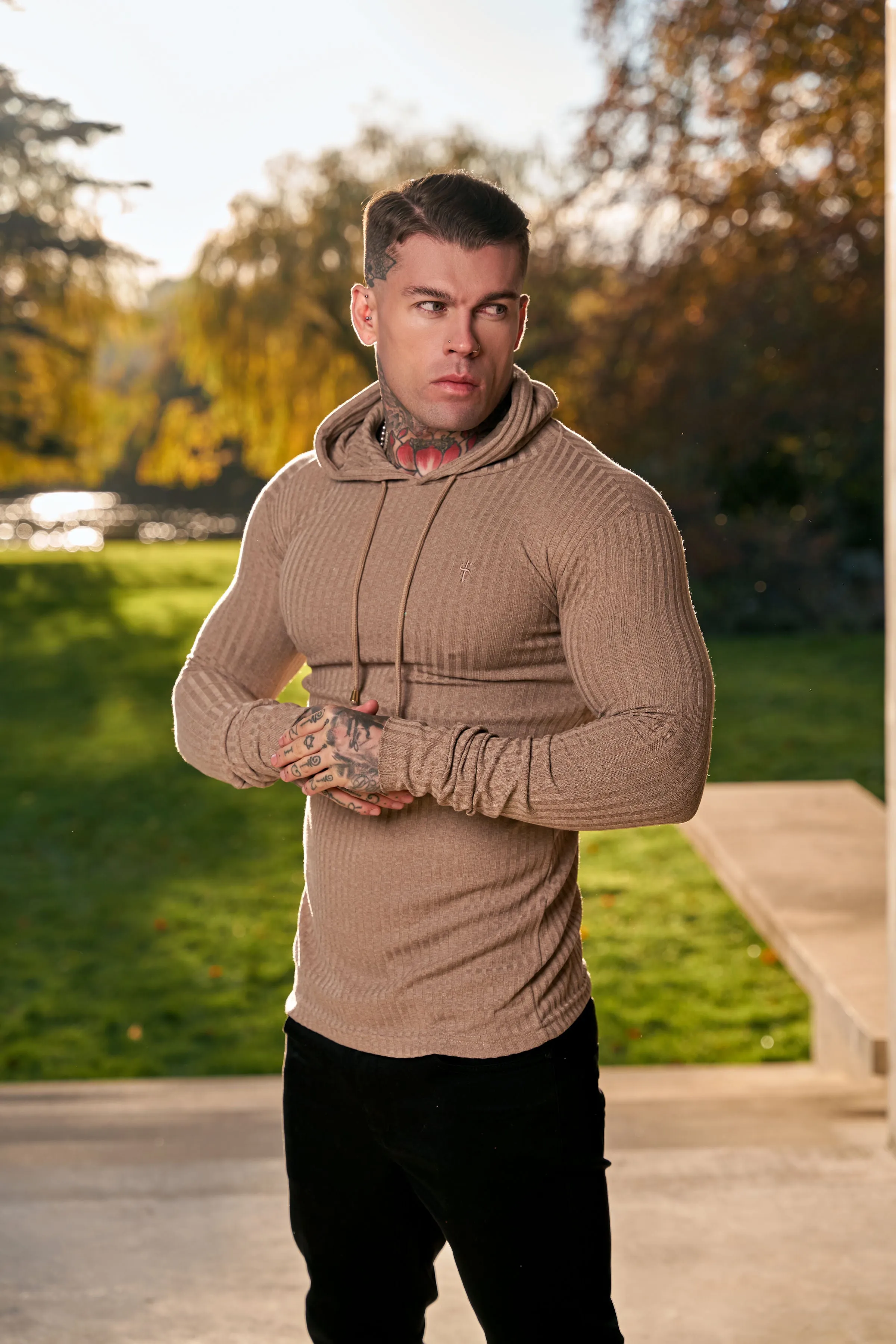 Father Sons Classic Chocolate Brown Ribbed Knit Hoodie Jumper - FSH911