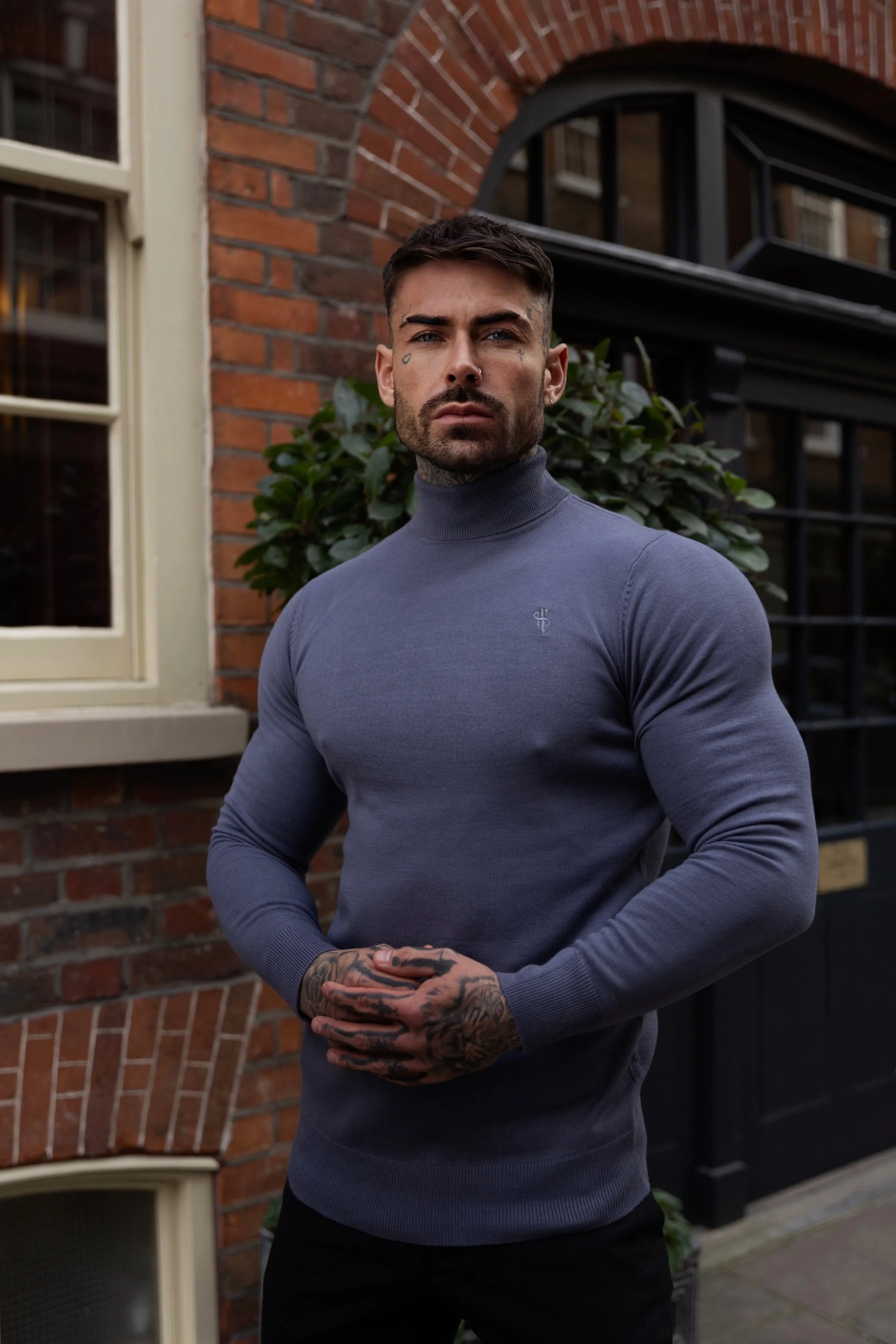 Father Sons Classic Gunmetal Roll Neck Knitted Jumper With Tonal Emblem - FSN137