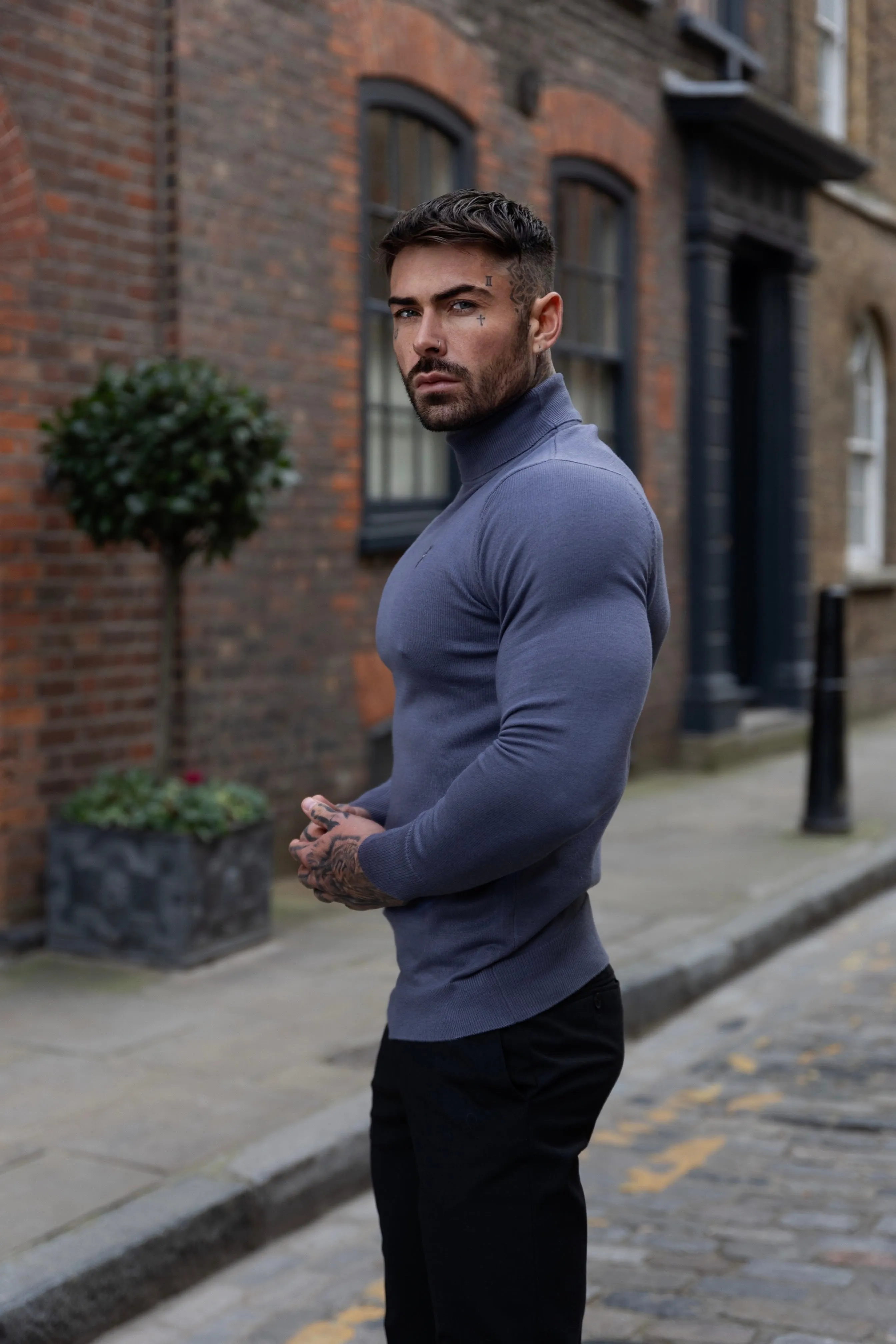 Father Sons Classic Gunmetal Roll Neck Knitted Jumper With Tonal Emblem - FSN137