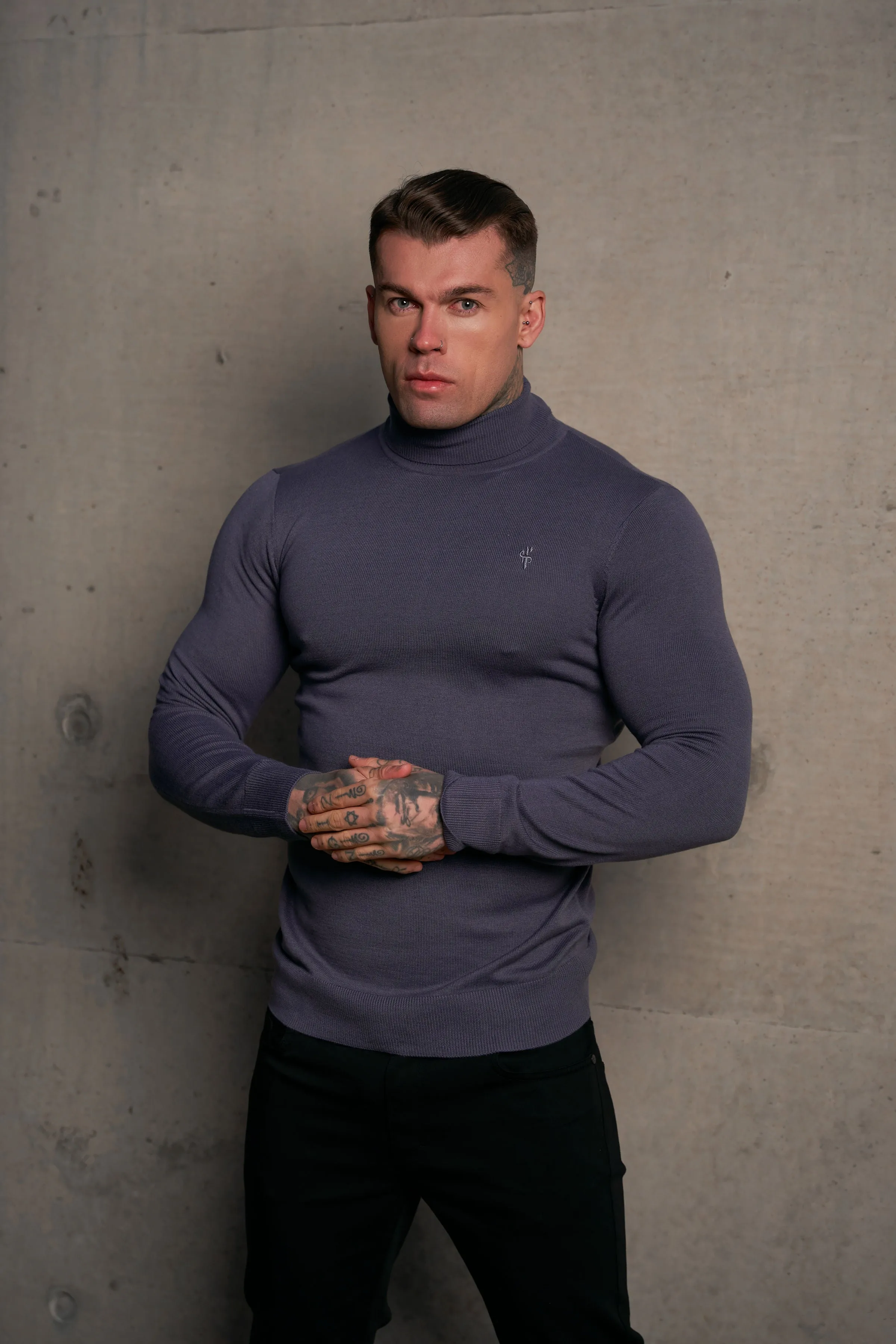 Father Sons Classic Gunmetal Roll Neck Knitted Jumper With Tonal Emblem - FSN137